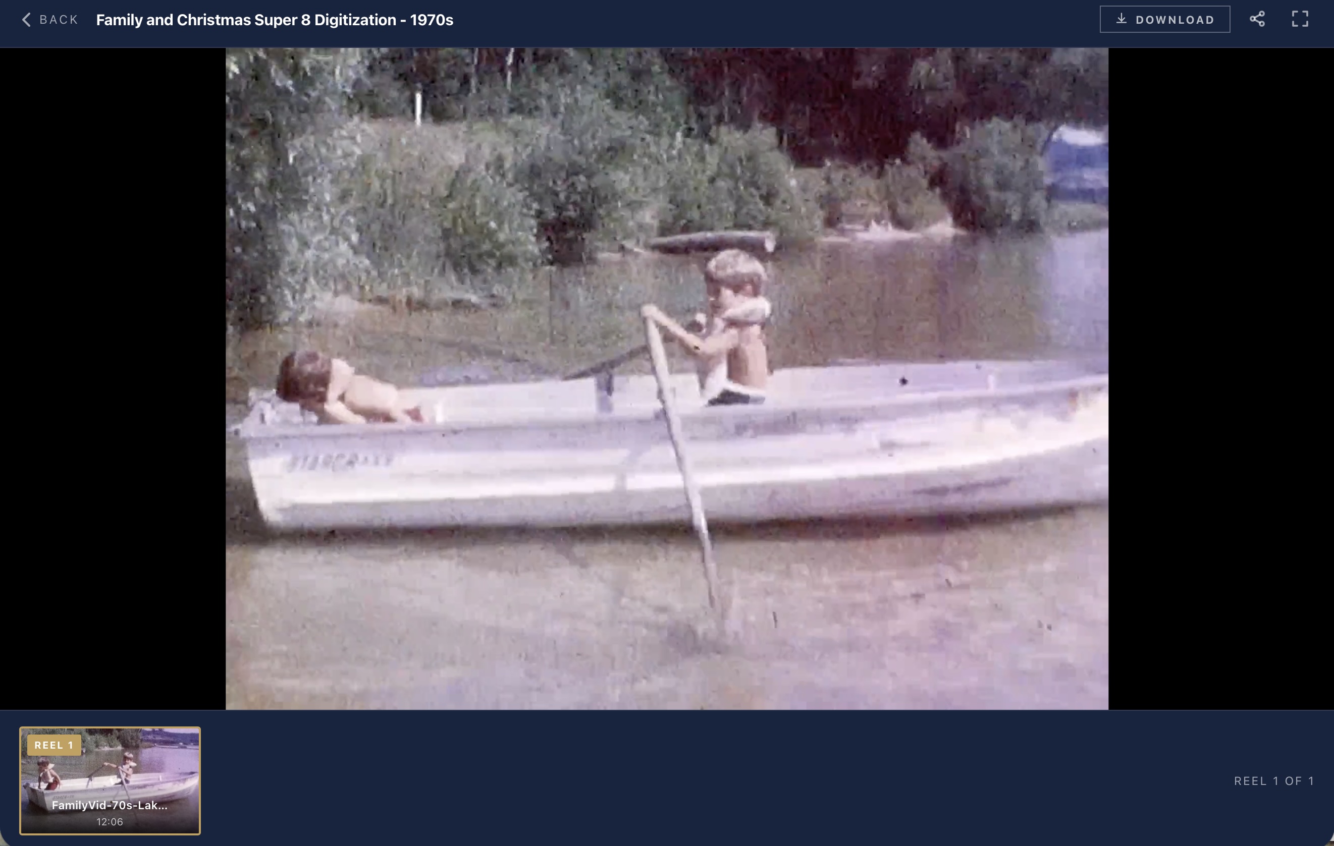 A reel from a digitized 1970s Super 8 family film playing in the Beyond Me film viewer